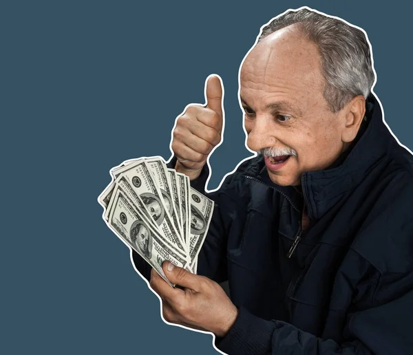 Senior Gentleman Holding Stack Money Portrait Excited Old Man Happy — Stock Photo, Image