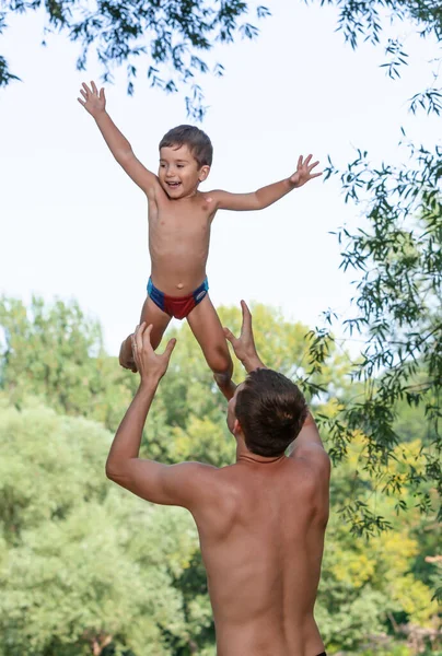 Happy Childhood Concept Father Throwing His Child Air Loving Father — Stock Photo, Image