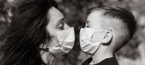 Happy Family Concept Young Mother Little Son Medical Masks — Stock Photo, Image