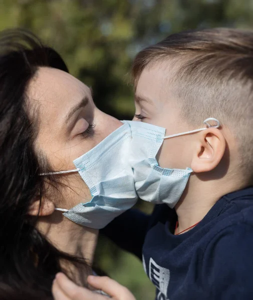 Happy Family Concept Young Mother Little Son Medical Masks — Stock Photo, Image