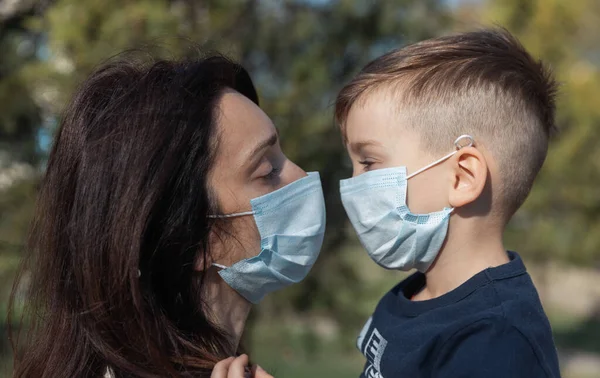 Happy Family Concept Young Mother Little Son Medical Masks — Stock Photo, Image