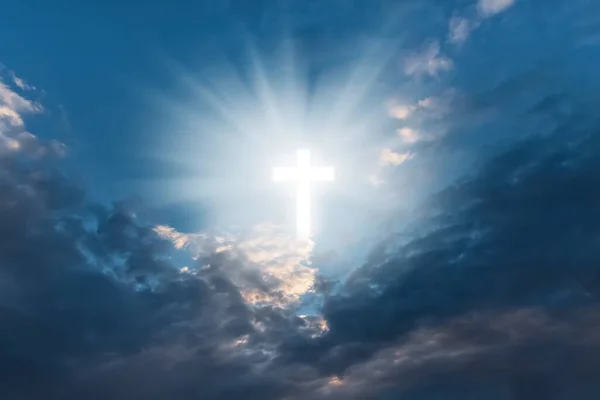 Vallásos Háttér Szent Kereszt Ragyogással Keresztény Kereszt Égen Néhány Felhővel — Stock Fotó