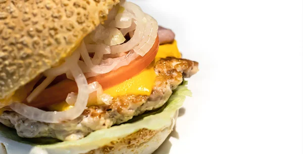 Вкусный Бургер Крупный План Гамбургера Белом Фоне Изображение Фокуса — стоковое фото