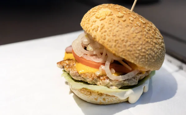 Tasty Burger Close Close Hamburger White Background Selective Focus Image — Stock Photo, Image