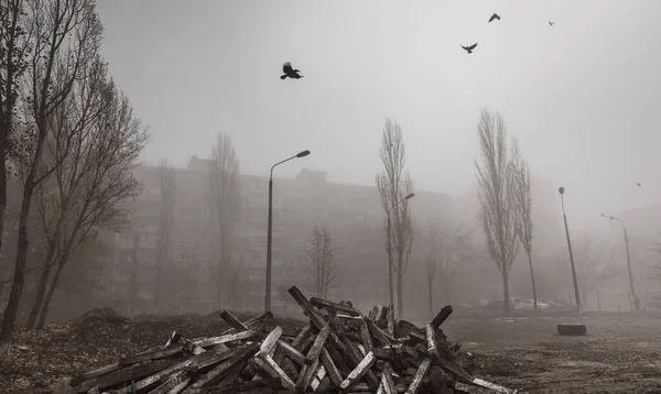 Foggy Höst Morgon Staden Ekologiskt Begrepp Djupt Dimma Stadens Gata — Stockfoto