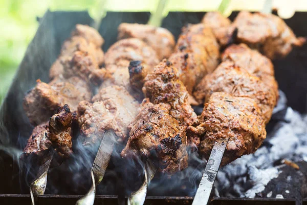 Viande Sur Brochettes Shashlik Mariné Préparant Sur Barbecue Charbon Bois — Photo