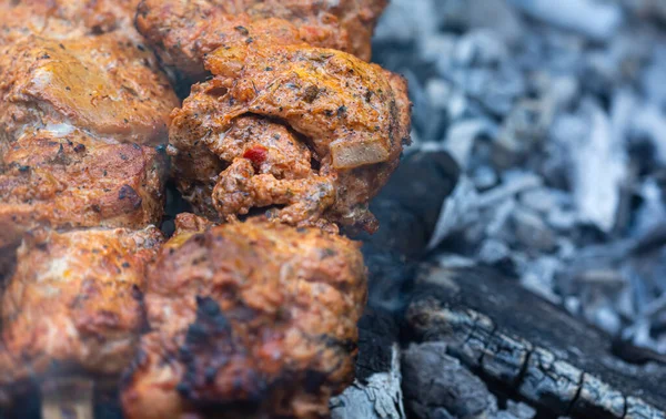 肉在绞架上 用木炭在烤肉烤架上准备的腌制沙士里克 把肉放在绞架上烤着吃 烹饪Shashlik 在煤上烤猪肉 — 图库照片