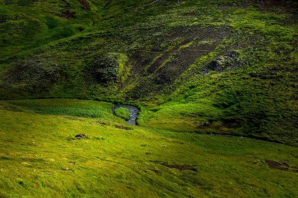 Wspaniały icelandyjski krajobraz przyrody. Widok z góry. Wysokie góry, górska rzeka i zielone łąki. Zielone łąki. Islandia. — Zdjęcie stockowe