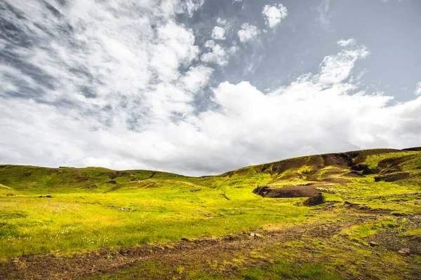 Wspaniały icelandyjski krajobraz przyrody. Widok z góry. Wysokie góry, górska rzeka i zielone łąki. Zielone łąki. Islandia. — Zdjęcie stockowe