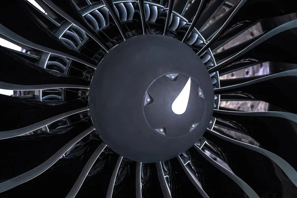 Turbine Engine. Aviation Technologies. Aircraft jet engine detail during maintenance. Blue toned. — Stock Photo, Image