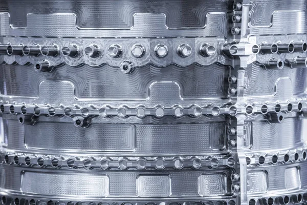 Turbine Engine. Aviation Technologies. Aircraft jet engine detail during maintenance. Blue toned.