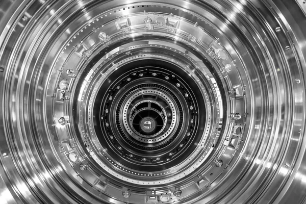 Turbine Engine. Tecnologías de aviación. Detalle del motor jet de aeronaves durante el mantenimiento . — Foto de Stock