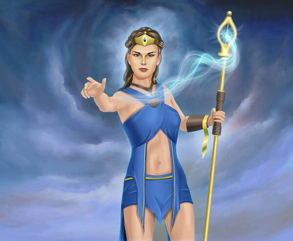 Молодая колдунья произносит волшебное заклинание
