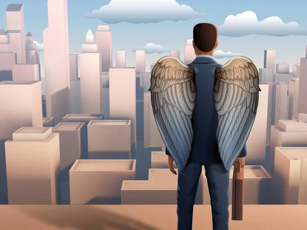 Winged businessman looking over a modern city — Stock Photo, Image