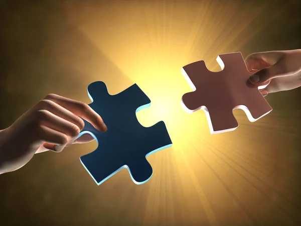 Mãos segurando duas peças de puzzle — Fotografia de Stock