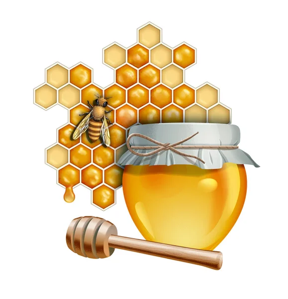 Βάζο με μέλι και τη μέλισσα — Φωτογραφία Αρχείου