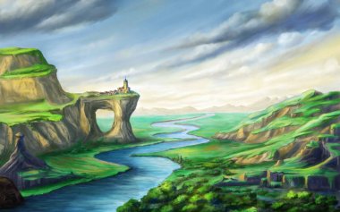 Fantasy landscape with river clipart
