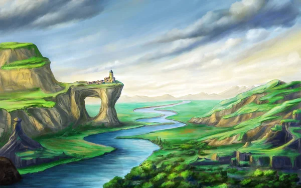 Fantasy Krajobraz z rzeką — Zdjęcie stockowe