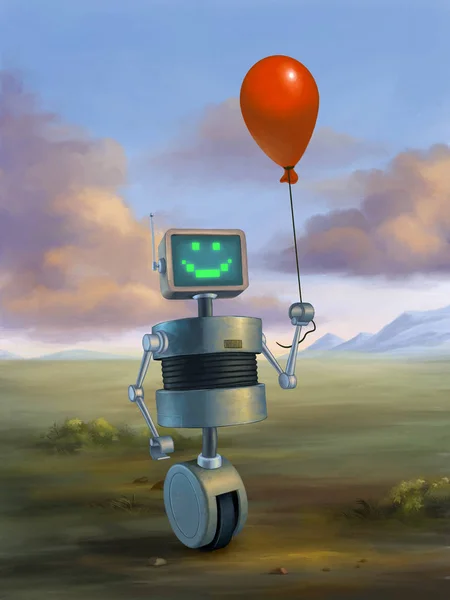 Χαριτωμένο ρομπότ κρατώντας ένα κόκκινο μπαλόνι — Φωτογραφία Αρχείου