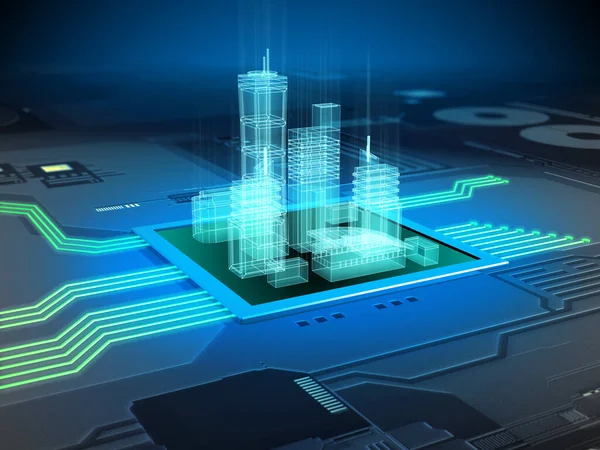 Modern City Buildings Printed Circuits Board Illustration — Stock Photo, Image