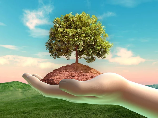 Tree Some Soil Cupped Hand Digital Illustration — Stock Photo, Image