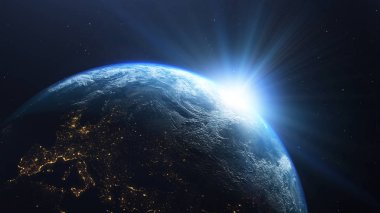 Dünya gezegeni, uzaydan görünen güneş, Dünya 'nın 3D görüntüsü, Nasa tarafından sağlanan bu görüntünün elementleri.