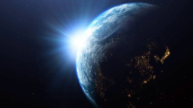 Dünya gezegeni, uzaydan görünen güneş, Dünya 'nın 3D görüntüsü, Nasa tarafından sağlanan bu görüntünün elementleri.