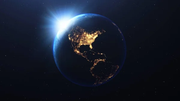 Earth planet with the viewed from space at night showing the lights of the United States of America USA and Latin American countries, 3d render of planet Earth, elements of this image provided by NASA