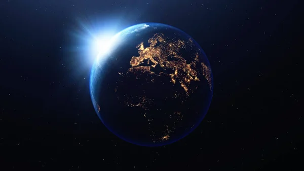 Планета Земля Солнцем Видимым Космоса Ночью Показывающая Огни Европы Других — стоковое фото