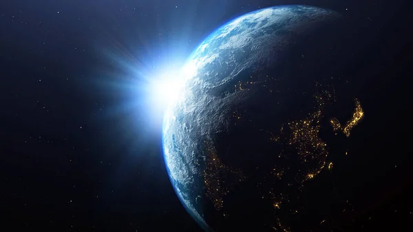 Tierra Planeta Con Sol Visto Desde Espacio Renderizado Del Planeta —  Fotos de Stock