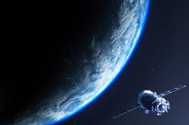 Dünya gezegeni ve güneş, uzaydan görünen uyduyla doğuyor. Dünya gezegeninin 3D görüntüsü. Bu görüntü Nasa tarafından sağlanıyor.