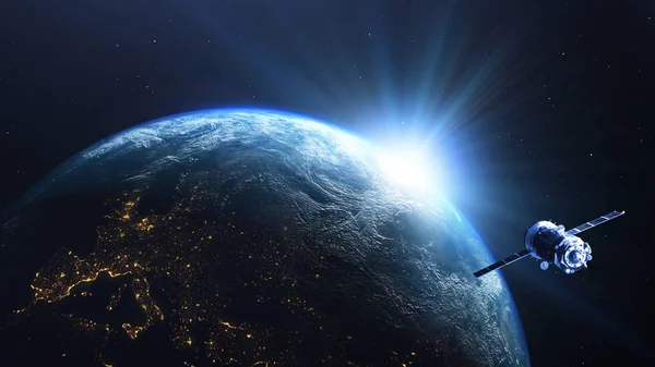 Earth planet and sun rise with satellite viewed from space , 3d render of planet Earth, elements of this image provided by NASA