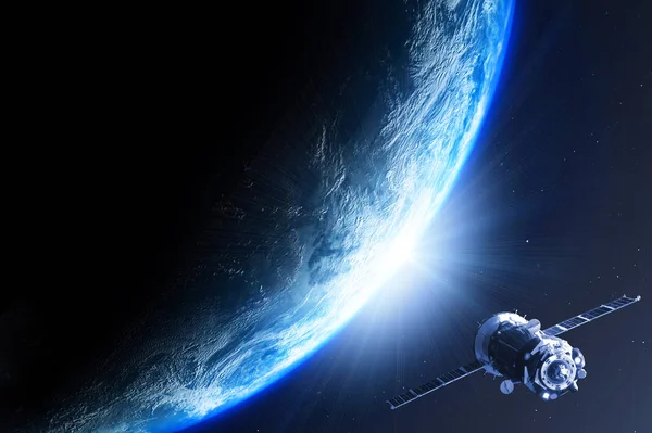 Earth planet and sun rise with satellite viewed from space , 3d render of planet Earth, elements of this image provided by NASA