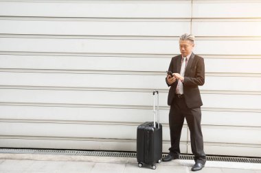 cep telefonu kullaranarak bavul ile işadamı