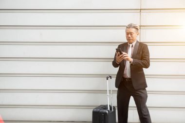 cep telefonu kullaranarak bavul ile işadamı