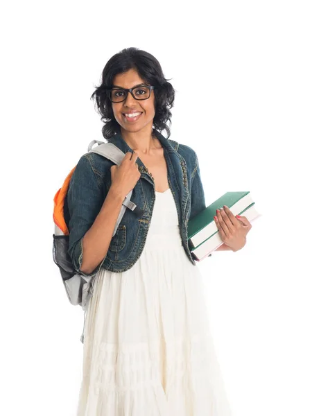 Vrouwelijke student met boeken en rugzak — Stockfoto
