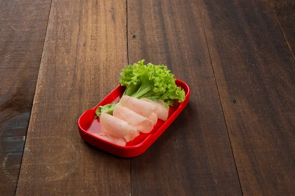 Rolled Meat Steamboat Wooden Table — Stock Photo, Image