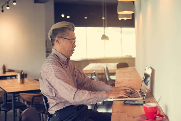 Asiatischer Senior Benutzt Laptop Modernem Hellen Interieur — Stockfoto