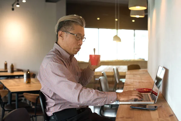 Asiático Senior Hombre Usando Laptop Moderno Luz Interior — Foto de Stock