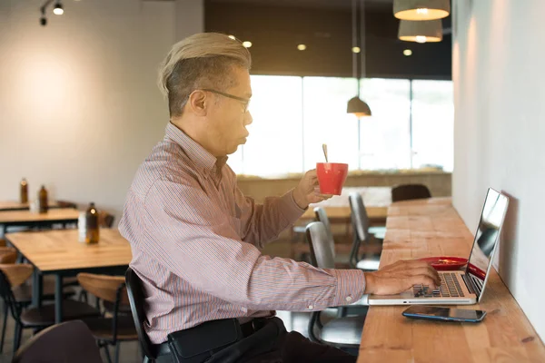 Asiatiska Senior Man Använder Laptop Modern Ljus Interiör — Stockfoto