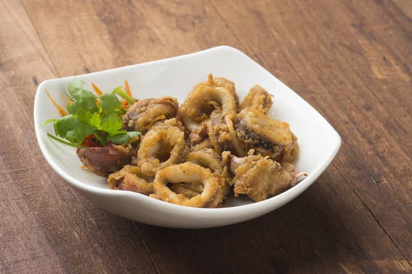 Fried Squid White Plate Wooden Table — Stock Photo, Image
