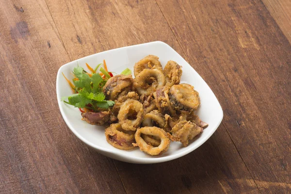 Fried Squid White Plate Wooden Table — Stock Photo, Image