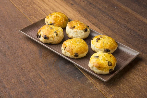 Bollos Horno Galletas Sobre Fondo Madera — Foto de Stock