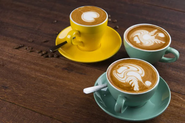 Varios Café Arte Latte Sobre Mesa Madera — Foto de Stock