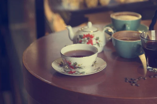 Tea Cafe Wooden Table Close — Stock Photo, Image