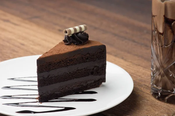 Delicious Chocolate Cake Wooden Table — Stock Photo, Image