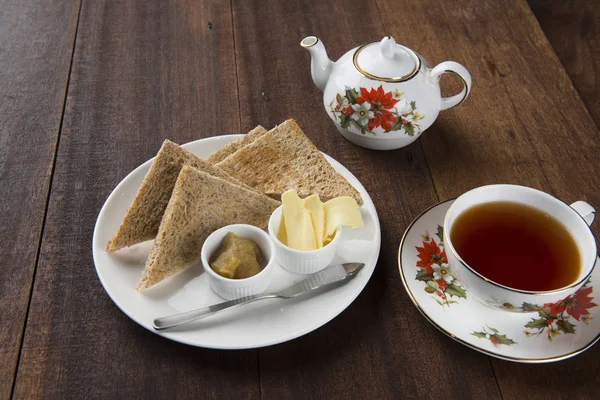 Slices Toast Bread Butter Wooden Table — Stock Photo, Image