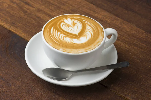 Latte Art Med Wood Bakgrund — Stockfoto