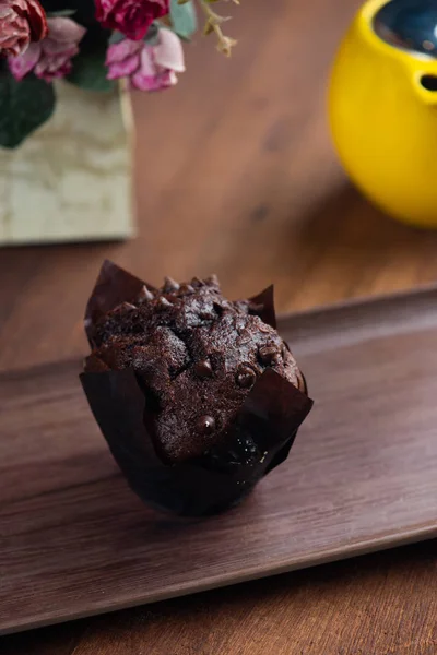 Primer Plano Muffin Chips Chocolate Bandeja —  Fotos de Stock
