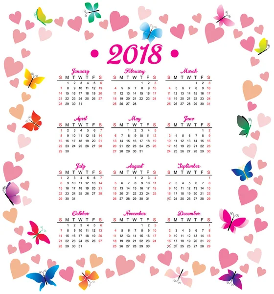 Календарь с сердцами и бабочкой — стоковое фото
